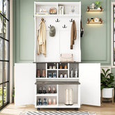 Bellemave® 76.9" Farmhouse 4 - in - 1 Hall Tree with Barn Doors and Shoe Storage Cabinet, 7 Hanging Hooks and 6 Brake Wheels - Bellemave